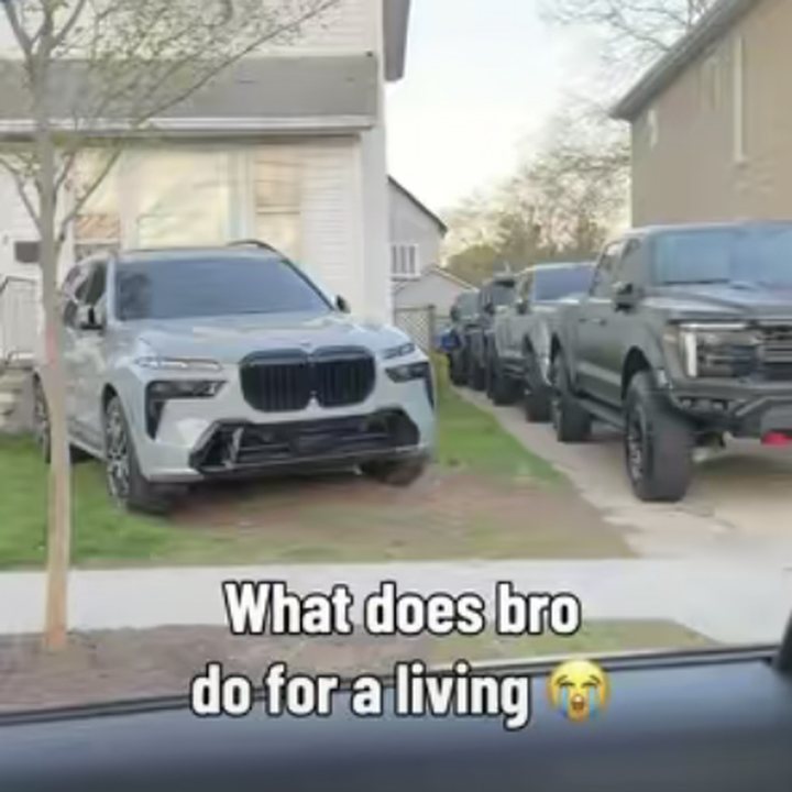 Cover frame of a viral TikTok featuring a driveway full of luxury vehicles